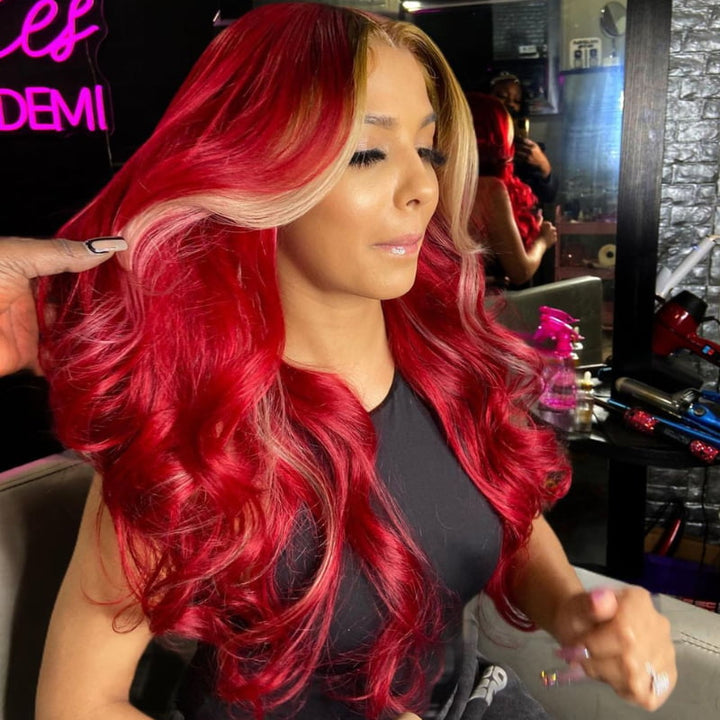 SZC Burgundy Red with Honey Blonde Skunk Stripe Virgin Human Hair Wigs
