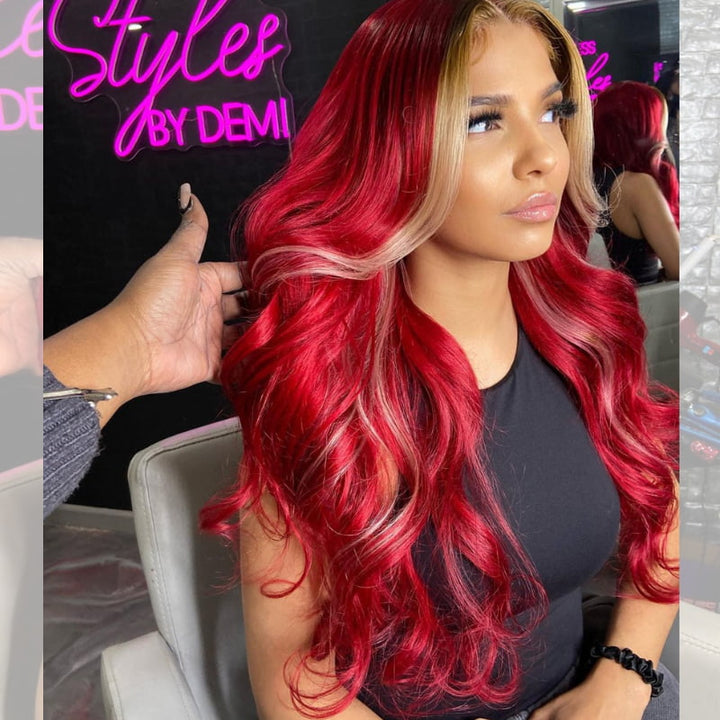 SZC Burgundy Red with Honey Blonde Skunk Stripe Virgin Human Hair Wigs