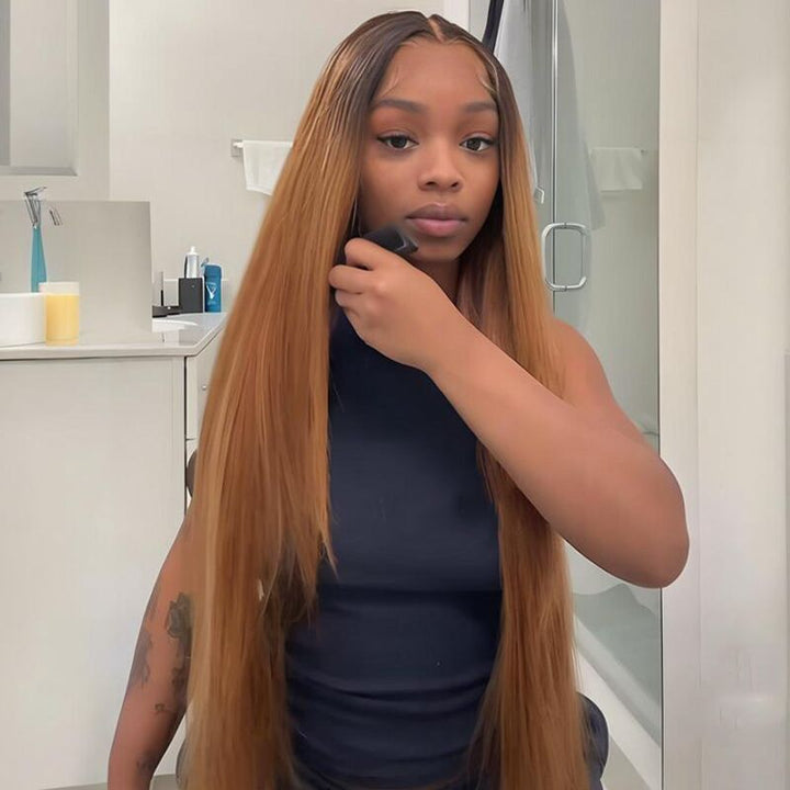 SZC Caramel Brown With Dark Roots 13x4 Lace Front Virgin Human Hair Wigs 200 Density