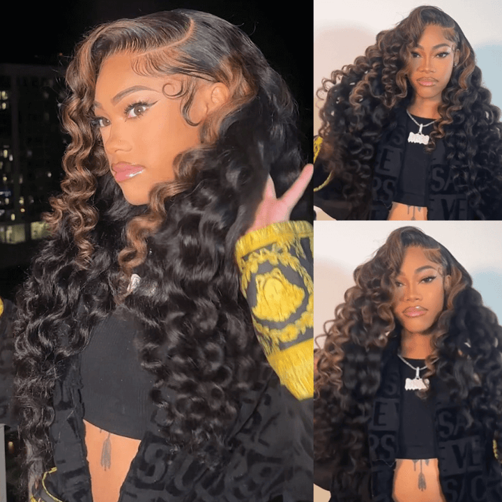 SZC Chocolate Brown Highlight Loose Deep Wave Virgin Human Hair Wigs