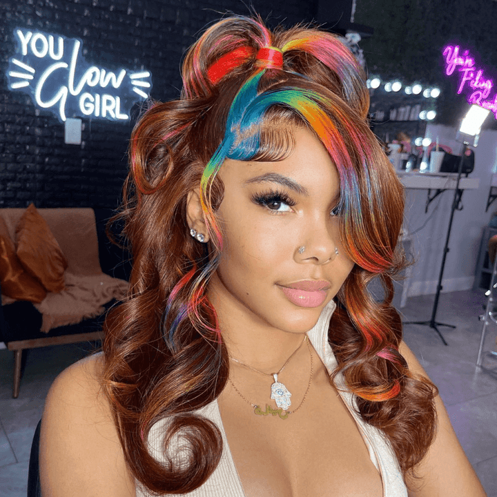SZC Chocolate Brown Red Blue Yellow Green Multi Colored Human Hair Wig