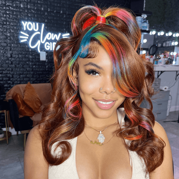 SZC Chocolate Brown Red Blue Yellow Green Multi Colored Human Hair Wig