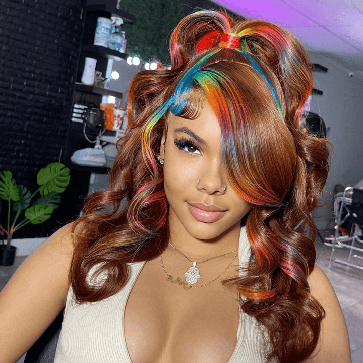 SZC Chocolate Brown Red Blue Yellow Green Multi Colored Human Hair Wig