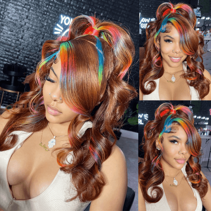 SZC Chocolate Brown Red Blue Yellow Green Multi Colored Human Hair Wig