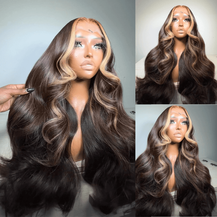 SZC Chocolate Brown With Strawberry Blonde Skunk Stripe Human Hair Wigs