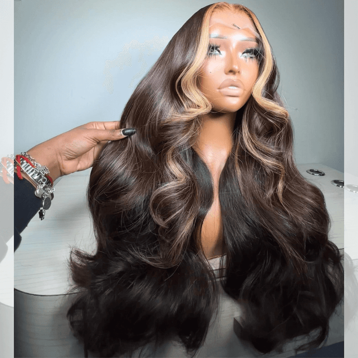SZC Chocolate Brown With Strawberry Blonde Skunk Stripe Human Hair Wigs