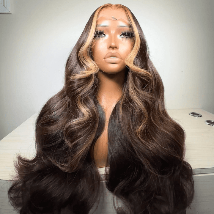 SZC Chocolate Brown With Strawberry Blonde Skunk Stripe Human Hair Wigs