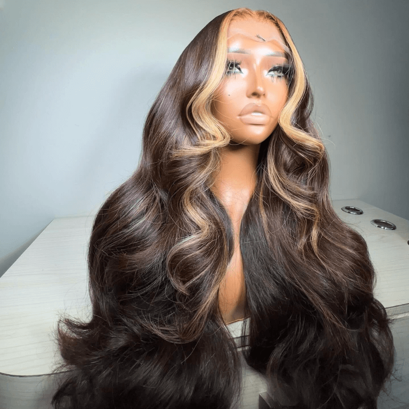SZC Chocolate Brown With Strawberry Blonde Skunk Stripe Human Hair Wigs