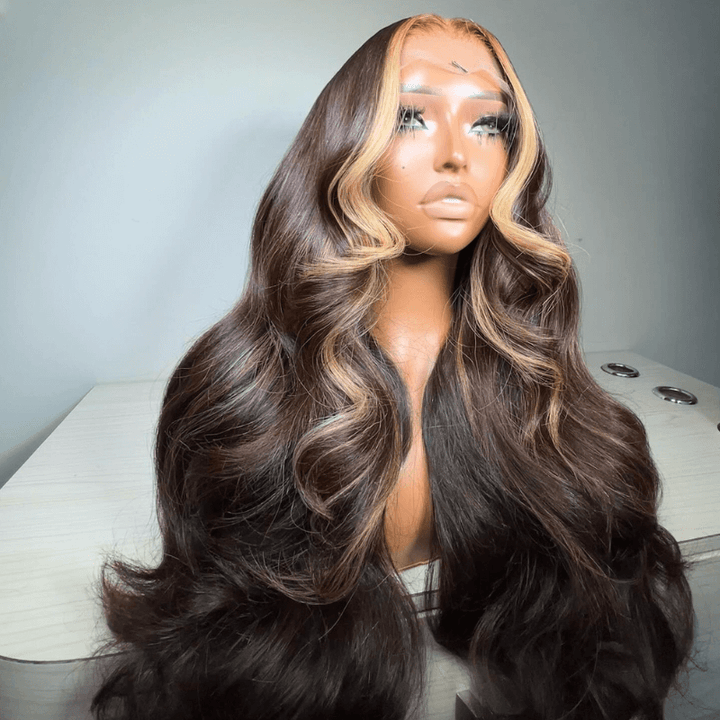 SZC Chocolate Brown With Strawberry Blonde Skunk Stripe Human Hair Wigs