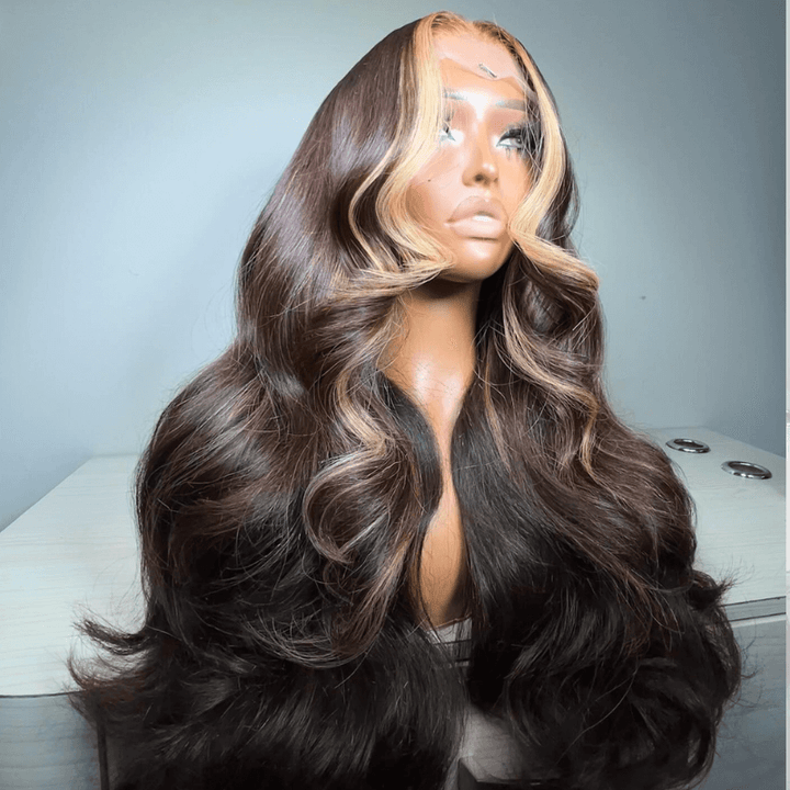 SZC Chocolate Brown With Strawberry Blonde Skunk Stripe Human Hair Wigs