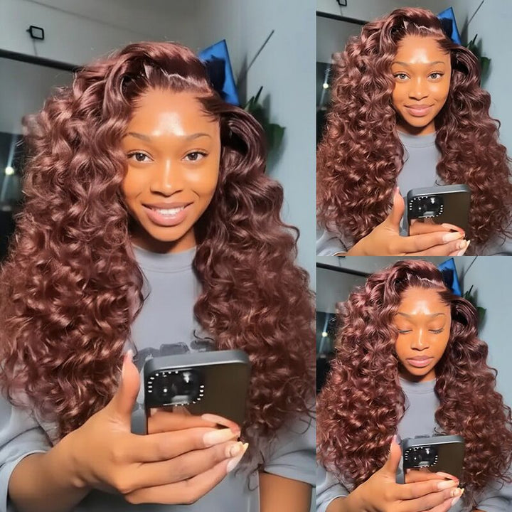 SZC Chocolate Reddish Brown Wand Curls 13x4 Lace Front Human Hair Wigs