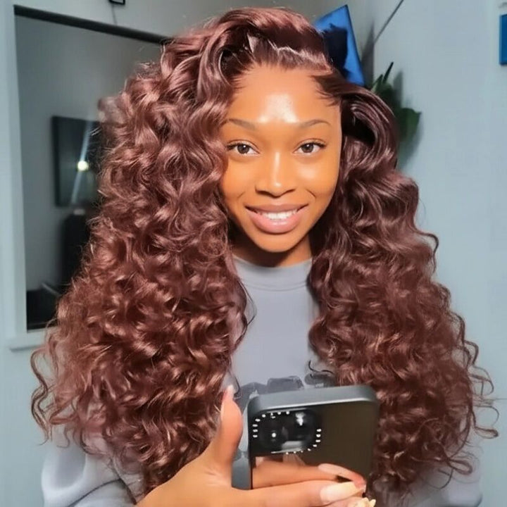 SZC Chocolate Reddish Brown Wand Curls 13x4 Lace Front Human Hair Wigs