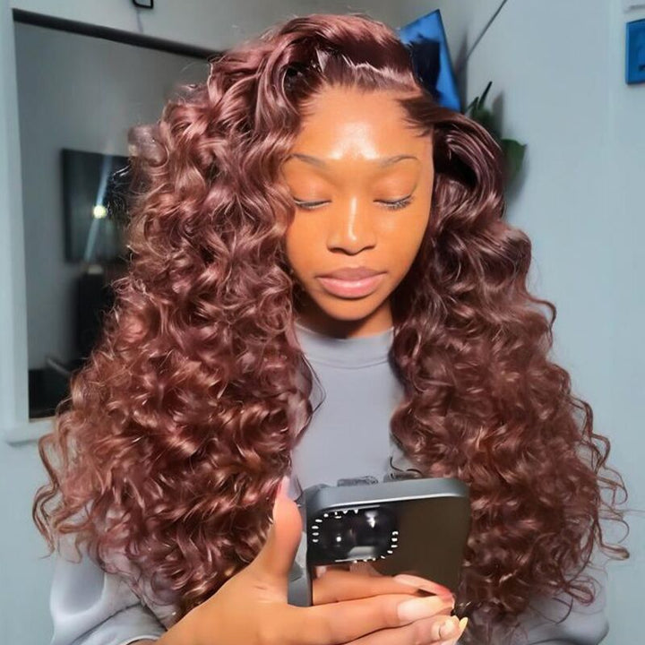 SZC Chocolate Reddish Brown Wand Curls 13x4 Lace Front Human Hair Wigs