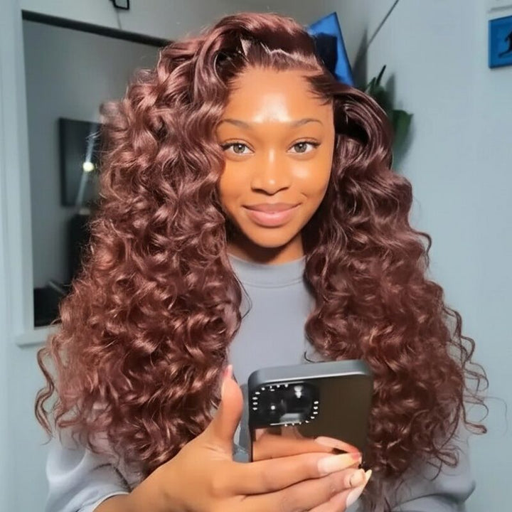 SZC Chocolate Reddish Brown Wand Curls 13x4 Lace Front Human Hair Wigs