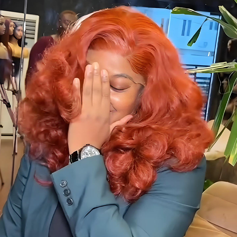 SZC Copper Orange Red Fluffy Wavy 13x4 Lace Front Human Hair Wigs