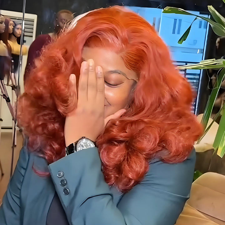 SZC Copper Orange Red Fluffy Wavy 13x4 Lace Front Human Hair Wigs