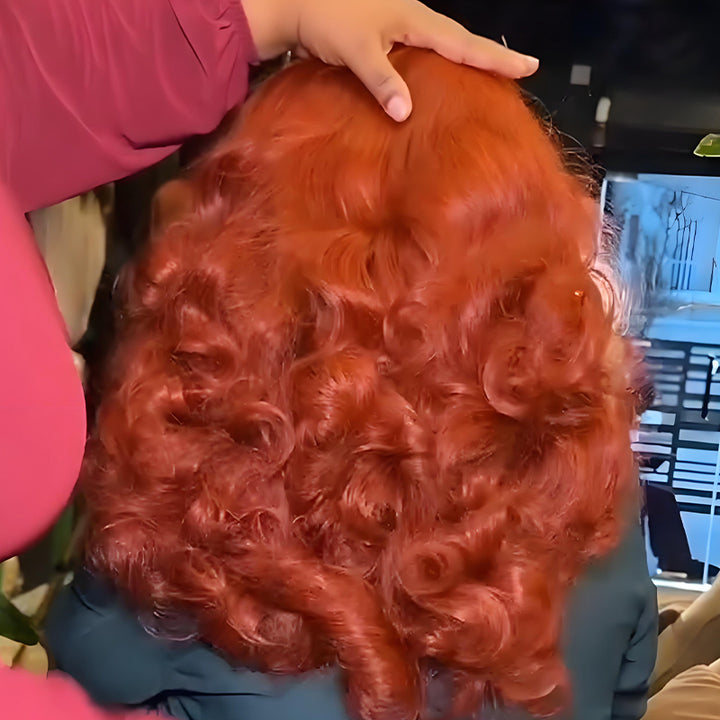 SZC Copper Orange Red Fluffy Wavy 13x4 Lace Front Human Hair Wigs