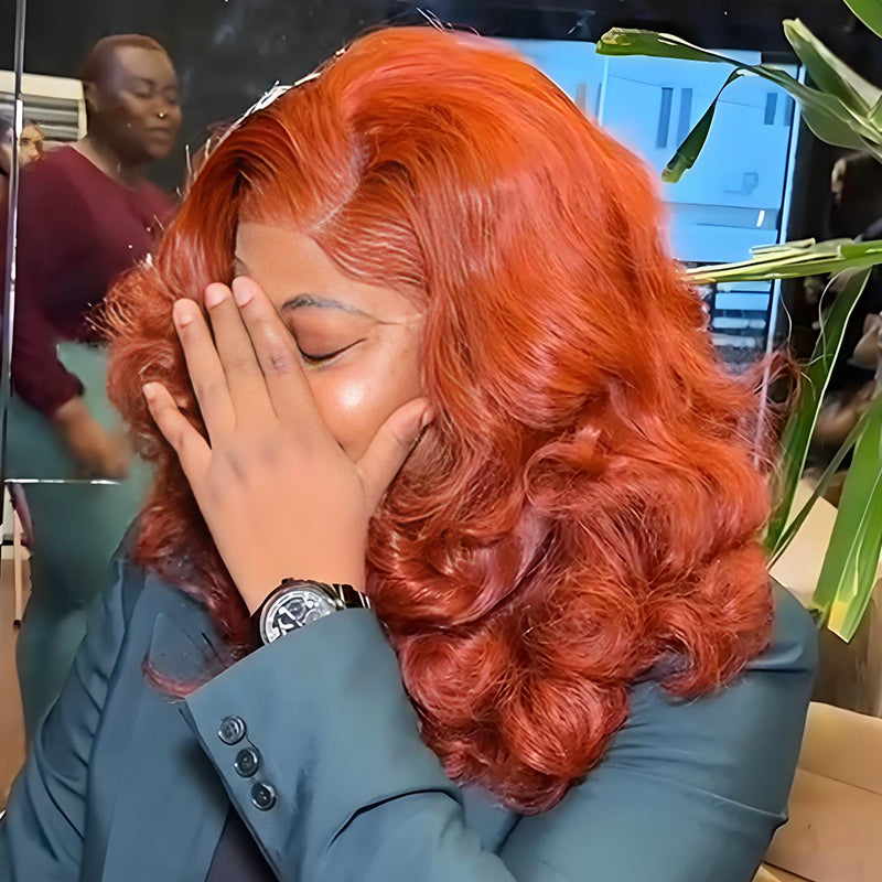 SZC Copper Orange Red Fluffy Wavy 13x4 Lace Front Human Hair Wigs