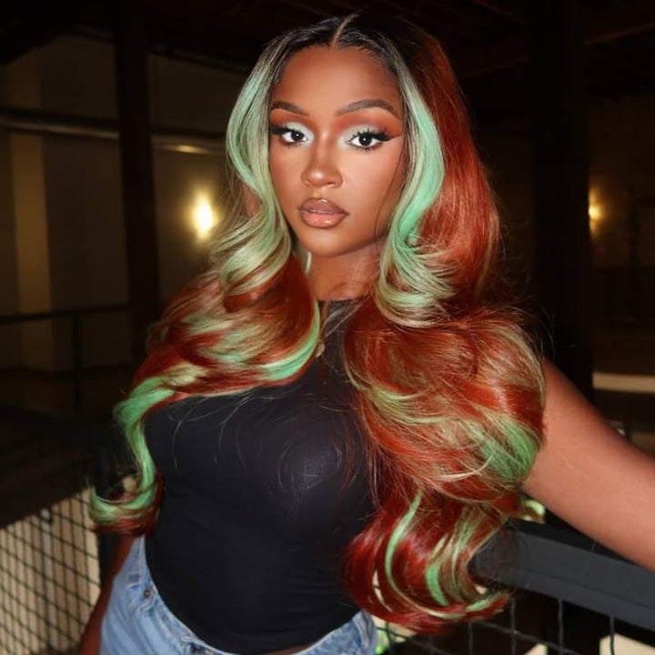 SZC Copper Red Brown With Pastel Green Skunk Stripe Highlight Streaks 13x4 Lace Front Virgin Human Hair Wigs
