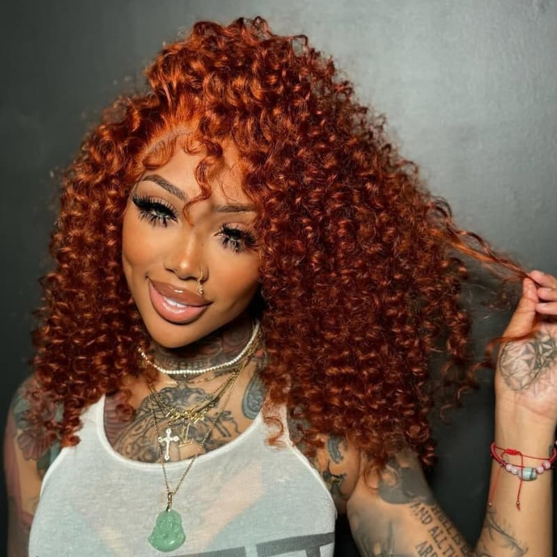 SZC Copper Red Short Bob Bouncy Curly 13x4 Lace Front Human Hair Wigs