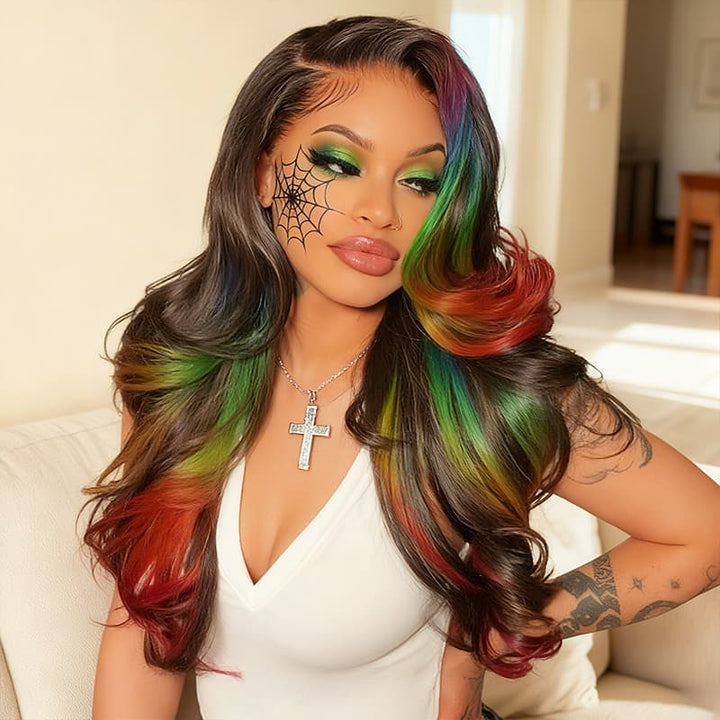 SZC Halloween Cosplay Black With Blue Green Red Highlight 13x4 Lace Front Human Hair Wigs