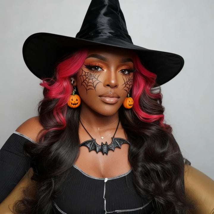 SZC Halloween Cosplay Black With Hot Pink Skunk Stripe Streaks 13x4 Lace Front Human Hair Wigs