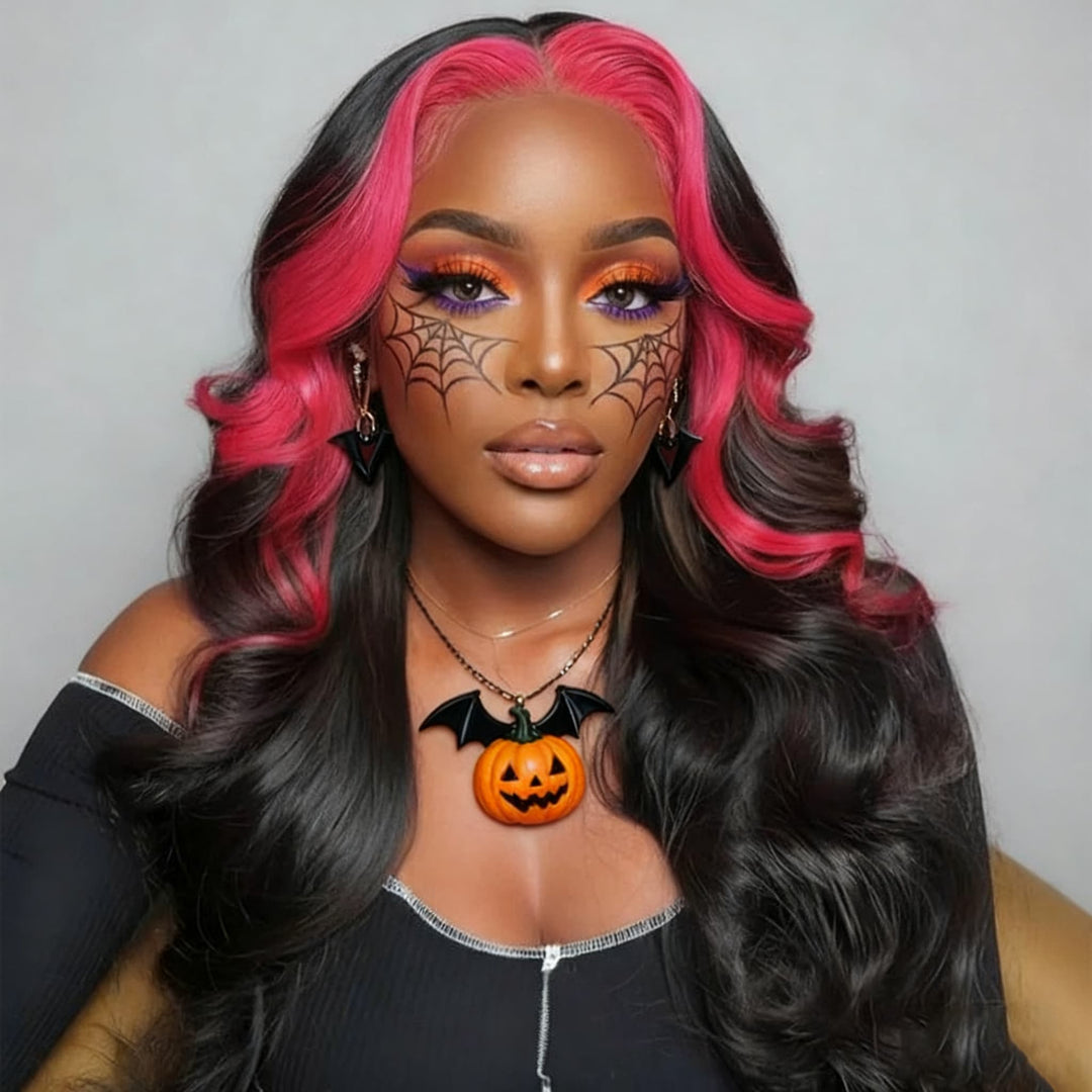 SZC Halloween Cosplay Black With Hot Pink Skunk Stripe Streaks 13x4 Lace Front Human Hair Wigs