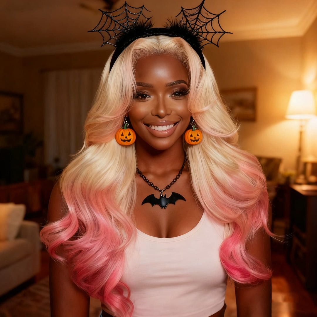 SZC Halloween Cosplay Ombre 613 Blonde Pink Skunk Stripe 13x4 Lace Front Virgin Human Hair Wig