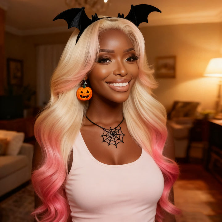 SZC Halloween Cosplay Ombre 613 Blonde Pink Skunk Stripe 13x4 Lace Front Virgin Human Hair Wig
