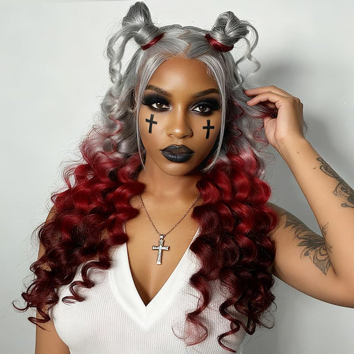 SZC Halloween Cosplay Ombre Gray Red 13x4 Lace Front Virgin Human Hair Wig