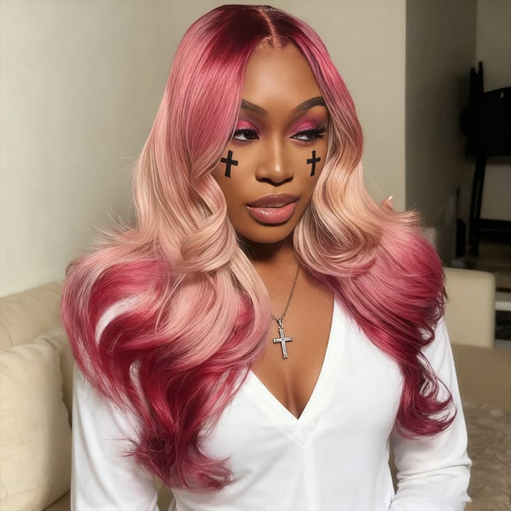 SZC Halloween Cosplay Ombre Red Peach Pink With Dark Roots 13x4 Lace Front Human Hair Wig