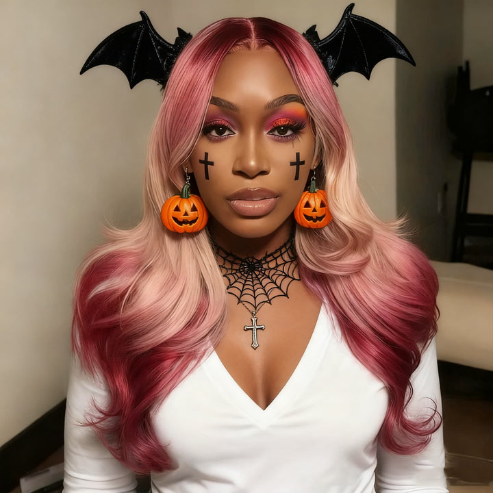 SZC Halloween Cosplay Ombre Red Peach Pink With Dark Roots 13x4 Lace Front Human Hair Wig