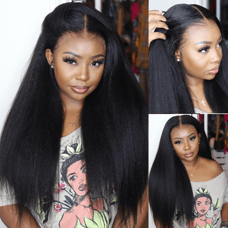 SZC Elastic Drawstring Yaki Straight Body Loose Wave 13x4 Lace Front Human Hair Wigs
