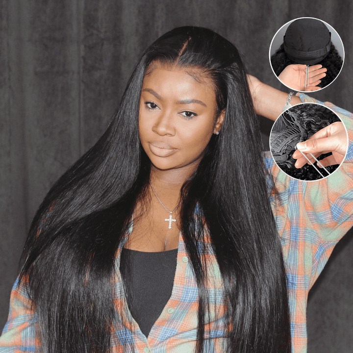 SZC Elastic Drawstring Yaki Straight Body Loose Wave 13x4 Lace Front Human Hair Wigs