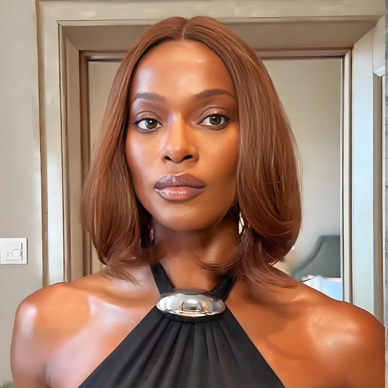 SZC Elegant Caramel Brown Short Bob Straight 13x4 Lace Front Virgin Human Hair Wigs