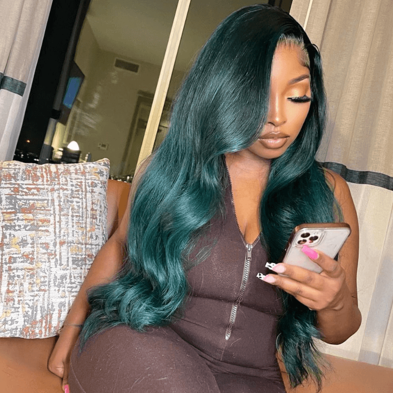SZC Emerald Green Wig Bone Straight Lace Front Virgin Human Hair Wigs