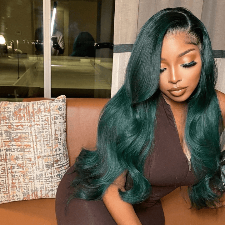 SZC Emerald Green Wig Bone Straight Lace Front Virgin Human Hair Wigs