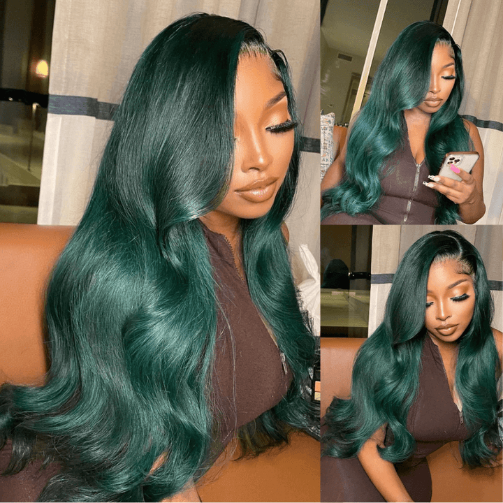 SZC Emerald Green Wig Bone Straight Lace Front Virgin Human Hair Wigs