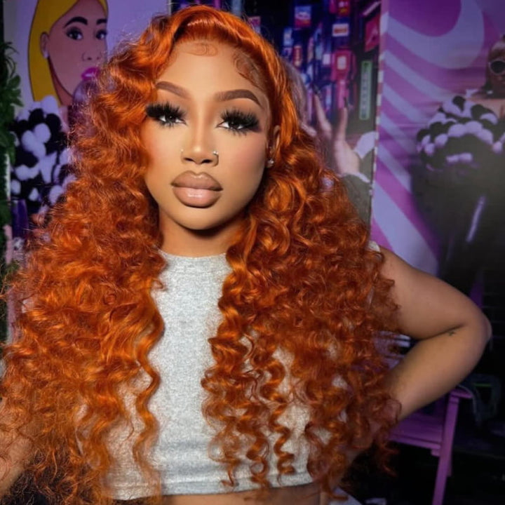 SZC Ginger Orange Wand Curls 13x4 HD Lace Front Virgin Human Hair Wigs