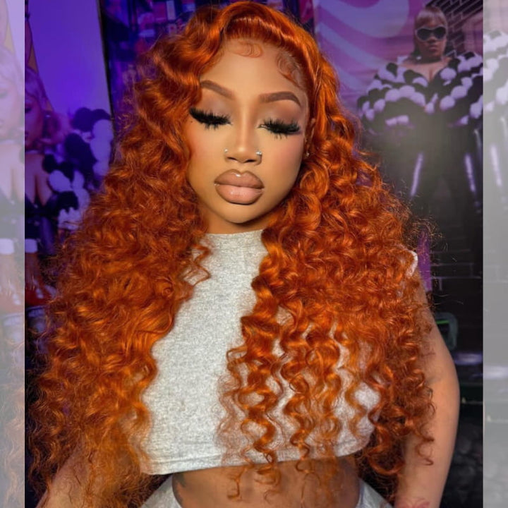 SZC Ginger Orange Wand Curls 13x4 HD Lace Front Virgin Human Hair Wigs