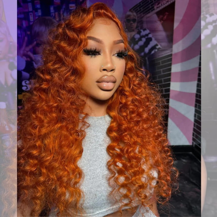 SZC Ginger Orange Wand Curls 13x4 HD Lace Front Virgin Human Hair Wigs