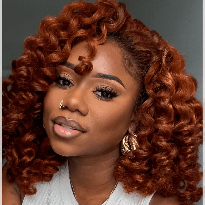 SZC Ginger Reddish Brown Bob Bouncy Loose Wave 13x4 Lace Front Human Hair Wigs