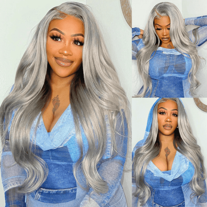 SZC Gray 13x4 Lace Front Wig 200 Density Grey Straight Human Hair Wigs