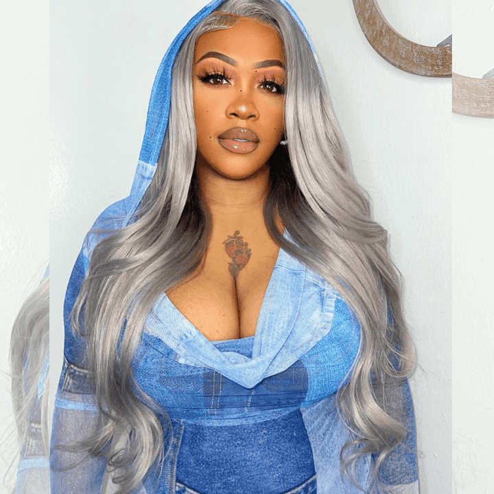 SZC Gray 13x4 Lace Front Wig 200 Density Grey Straight Human Hair Wigs