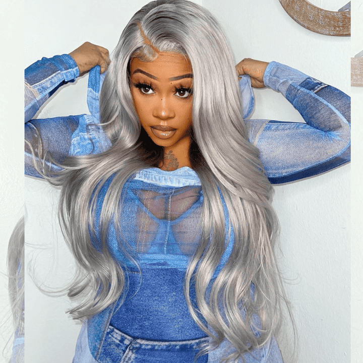 SZC Gray 13x4 Lace Front Wig 200 Density Grey Straight Human Hair Wigs