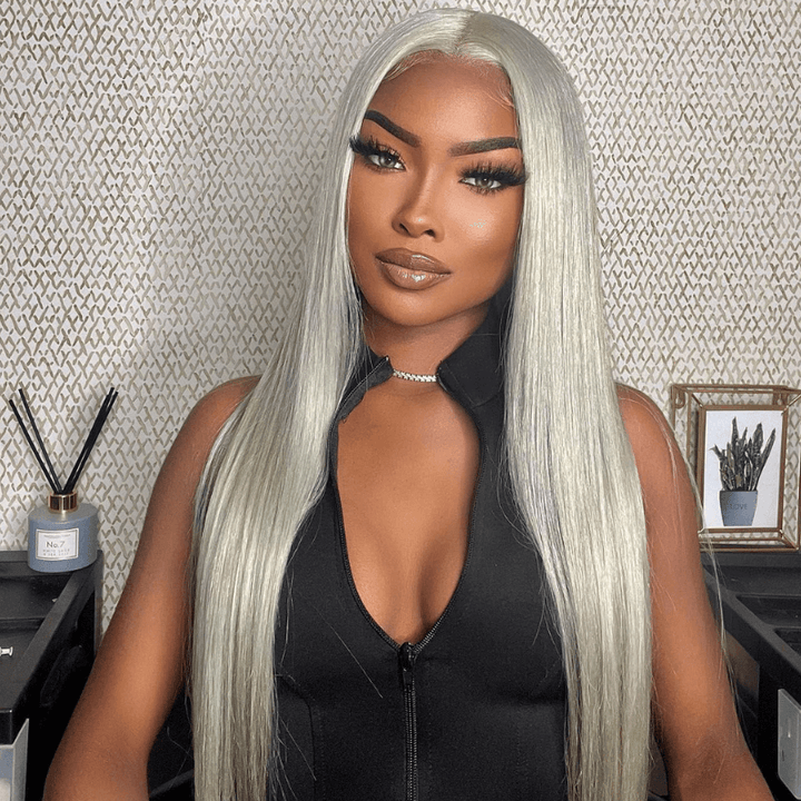 SZC Gray Color Bone Straight 200 Density 13x4 Lace Front Human Hair Wigs