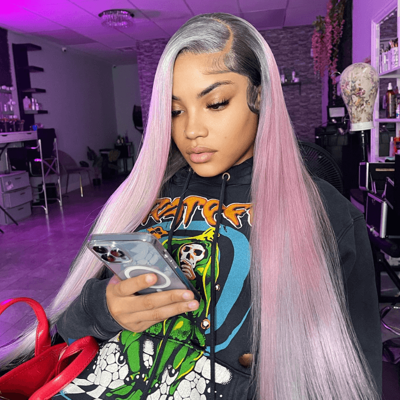 SZC Gray Color Wig With Light Pink Yellow Color Highlight Human Hair Wigs