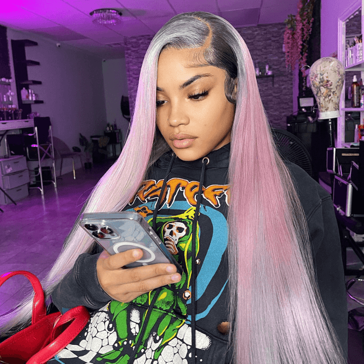 SZC Gray Color Wig With Light Pink Yellow Color Highlight Human Hair Wigs