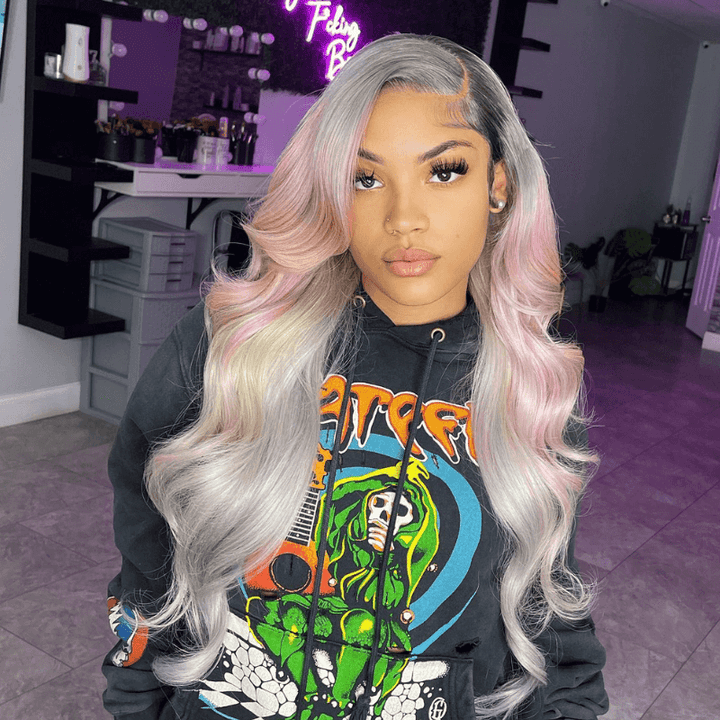 SZC Gray Color Wig With Light Pink Yellow Color Highlight Human Hair Wigs