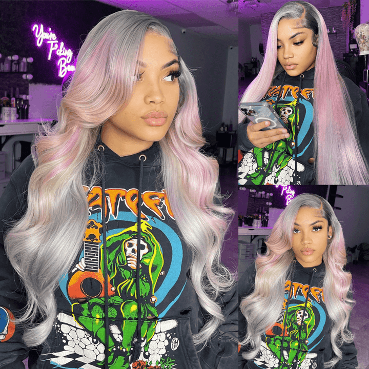 SZC Gray Color Wig With Light Pink Yellow Color Highlight Human Hair Wigs